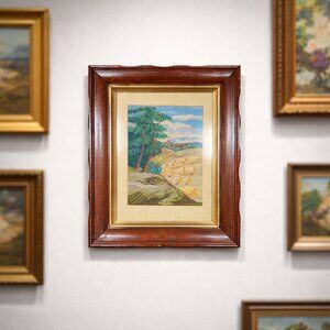 Vintage Framed Needlepoint Landscape Wall Art of Rustic Farm Harvest Scene